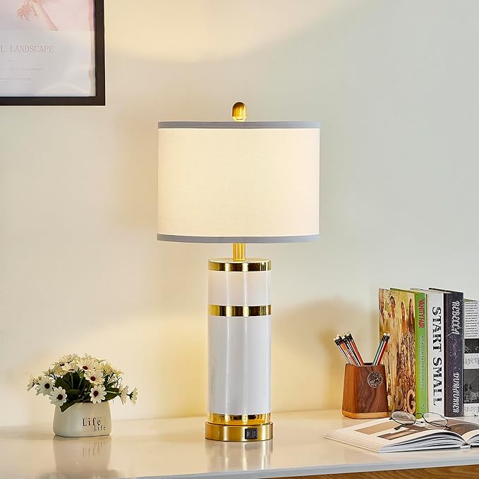 Ceramic White Gold-Plated Decorative 28" Table Lamps Set of 2 with E26 Socket&Rotary Switch,USB A+C Ports,Modern Bedside Lamps for Nightstand,Bedroom,Living Room,Decoration,Office(Bulbs in)