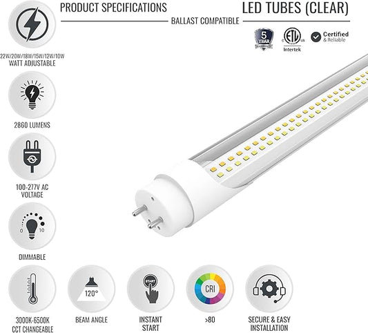 LEDMyplace LED Tube Lights - 4FT T8 LED Ballast Bypass Light Tube, 22W, 2860 Lumens, 6500K Daylight White - Clear Lens, Single/Double End Powered, Dimmable, Replacement for Fluorescent Tubes (25-pack)