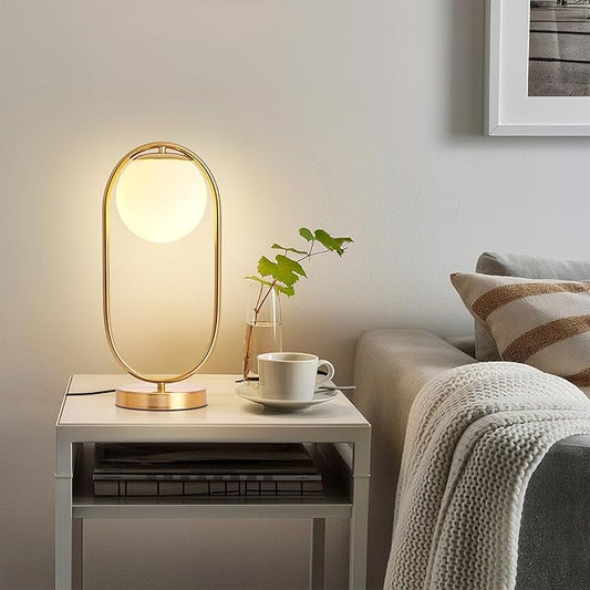 NKU Mid-Century Modern Glass Globe Table Lamp with LED - Luxury Bedside Night Light for Bedroom, Boho Vintage Style for Farmhouse & Office Desk