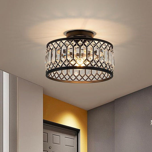 Crystal Ceiling Light Fixture, Modern Flush Mount Ceiling Light, Black Crystal Chandelier for Kitchen Bedroom Bathroom Entryway Hallway