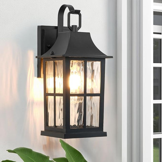 Outdoor Light Fixture, IP44 Waterproof Rustproof Porch Light,Aluminum & Water Pattern Glass Exterior Sconce,13-inch Black Outdoor Sconce Lights for Front Door, Garage, Patio (ETL-Certified)