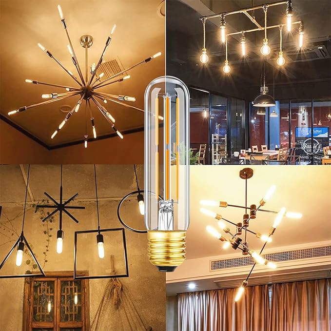 Vintage LED Edison Bulbs 6W, Equivalent 60W, Warm White 2700K, 600lm, E26 Base, Dimmable, Tubular T10 Led Antique Filament Bulb with Decorative, 6Pack