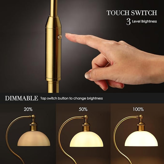 O’Bright Heritage - Banker’s Floor Lamp, 3-Level Touch Dimming, Adjustable Tilt Shade, Removable Lampshade Design, E26 Socket with 6W Dimmable LED Bulb, White Jade Glass Shade, Antique Brass