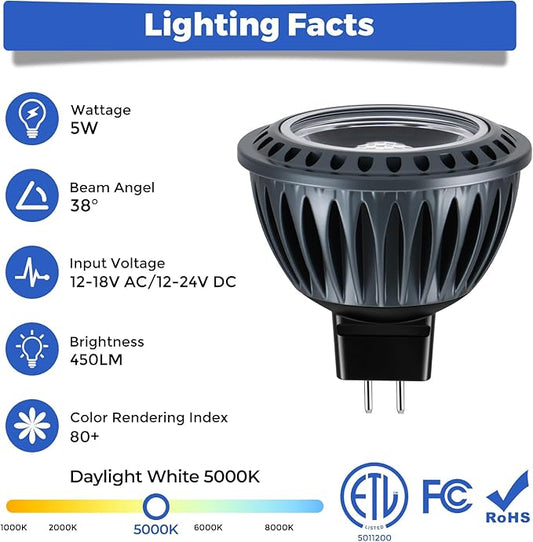 Gardencoin MR16 LED Light Blub, 5W 5000K Daylight White 450 Lumens Dimmable, Aluminum Housing, Low Voltage 12V Input,GU5.3 bi-pin Light Bulbs for Landscape &Accent Lighting, Indoor/Outdoor Use,6-Pack