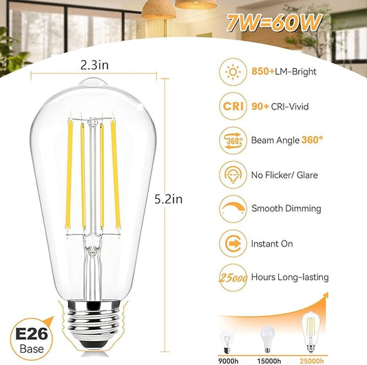 Brightever Edison Light Bulbs 60W Equivalent, Dimmable Vintage LED Bulbs, Warm White 2700K E26 Base LED Light Bulb, 7W, 850LM, 90+CRI, ST58 Clear Glass Antique Decorative Lights Bulb for Room, 6-Pack