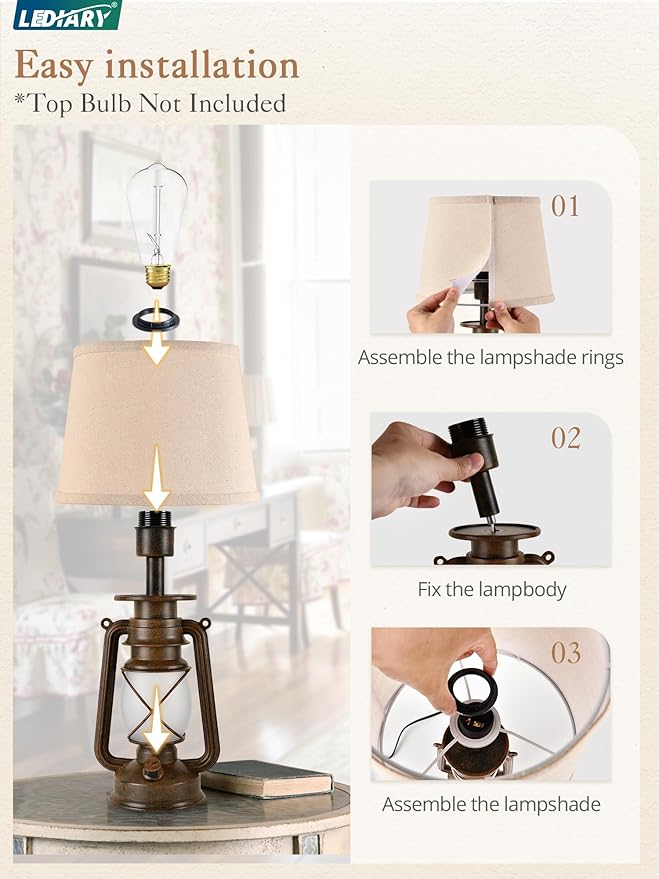 LEDIARY 18.72" LED Vintage Lantern Flickering Flame Table Lamps for Bedrooms Set of 2, Small Farmhouse Rustic Vintage End Table Lamps, Halloween Decorative Lantern Bedside Lamps for Living Room