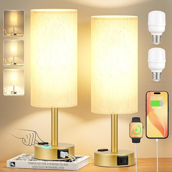 Gold Touch Table Lamps Set - 3 Way Dimmable Bedroom Lamps with USB C and A Ports, Small Lamps for Nightstand with AC Outlet, Gold Base Round Flaxen Shade for Desk, Office, Dorm, Nursery