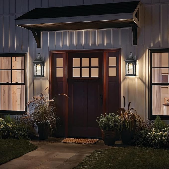 Porch Lights Outdoor Light Fixtures Wall Mount, 13.78 Inch Black Exterior Light Fixtures with Water Ripple Glass, Modern Outdoor sconces Wall Lighting Fixture for Patio House Garage, 2 Pack