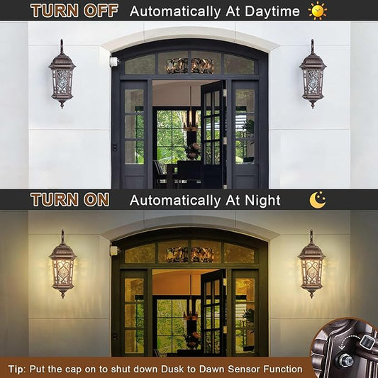 21" H Oil-Rubbed Bronze Outdoor Wall Light Large Size Dusk to Dawn Exterior Wall Lantern Fixture, Dark Brown Rustic Porch Lamp with Water Glass Waterproof Outside Wall Sconce for House Garage