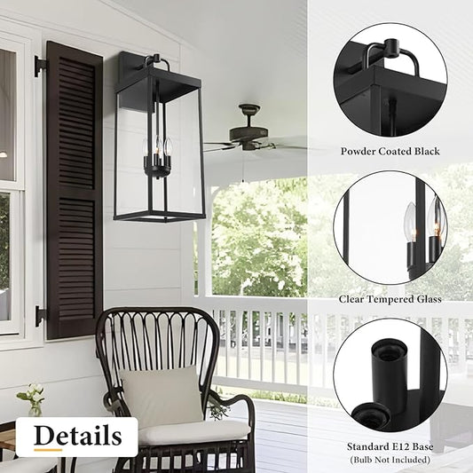 Outdoor Wall Sconce Light, 28 Inch Tall Transitional Exterior Wall Bracket Lighting with Clear Glass, Modern Anti-Rust Outside Black Carriage Lantern Lamp for Front Porch Corridor Doorway Patio