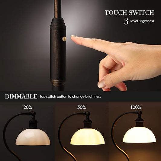 O’Bright Heritage - Banker’s Floor Lamp, 3-Level Touch Dimming, Adjustable Tilt Shade, Removable Lampshade Design, E26 Socket with 6W Dimmable LED Bulb, White Jade Glass Shade, Oil Rubbed Bronze