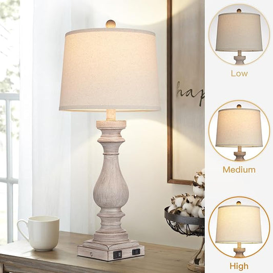 29" Farmhouse Table Lamp for Living Room Set of 2,Vintage Bedside Lamps with USB C+A Ports & AC Outlet,3-Way Dimmable Touch Control Gray Washed Finish Nightstand for Bedroom,Gray
