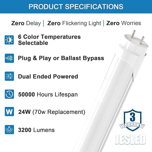 JESLED T8 LED 4FT Tube Lights, Type A+B, 24W, 3200LM, 6CCT 3000K | 3500K | 4000K | 5000K | 6000K | 6500K, Plug and Play or Ballast Bypass, LED Bulbs 4 Foot Replacement, Dual-Ended, Frosted, 12 Pack