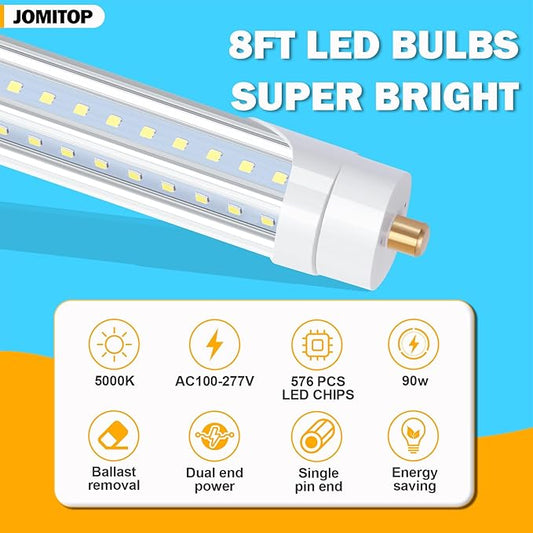 8FT LED Bulb T8 90W V Shaped Led Tube Light,Need Bypass Ballast,Single Pin FA8 Base 5000K Daylight White, 8 Foot (Replace 180W Lamp) Dual-Ended Power AC 90-277V 10 Pack