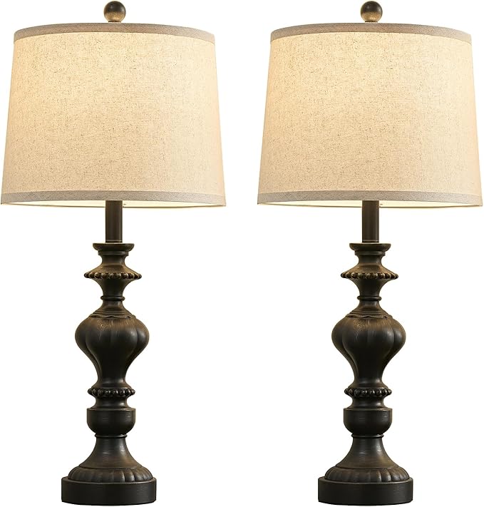 27.5" Farmhouse Table Lamps Set of 2 Bedside Nightstand Lamp with USB C+A Ports & AC Outlet, 3 Way Dimmable Lamps for Bedroom Living Room Office Rustic Lamp (Rotary Switch-Black)