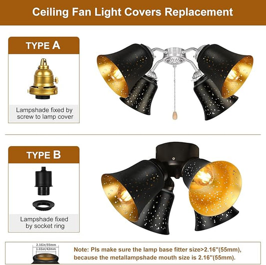 Ceiling Fan Light Covers, 3 Pack Pendant Light Shade Replacement with 1-5/8" Fitter, ALUCSET 4.5" Height and 4-3/4" Diameter, Metal Bell Shaped Cover for Chandelier Pendant Light Wall Sconces Series