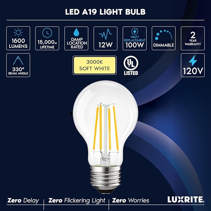 LUXRITE Vintage A19 LED Light Bulbs 100 Watt Equivalent, 1600 Lumens, 3000K Soft White, Dimmable Edison Light Bulbs, 12W, Damp Rated, UL Listed, Clear Glass Filament Bulb, E26 Medium Base (2 Pack)
