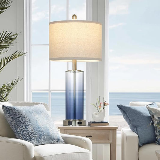 26 Inch Blue Glass Lamp Single, 3-Way Dimmable Touch Control Coastal Bedroom Table Lamp with USB C+A Ports & AC Outlet, Bed Side Lamps for Nightstand, Living Room Lamps for Side Table Office