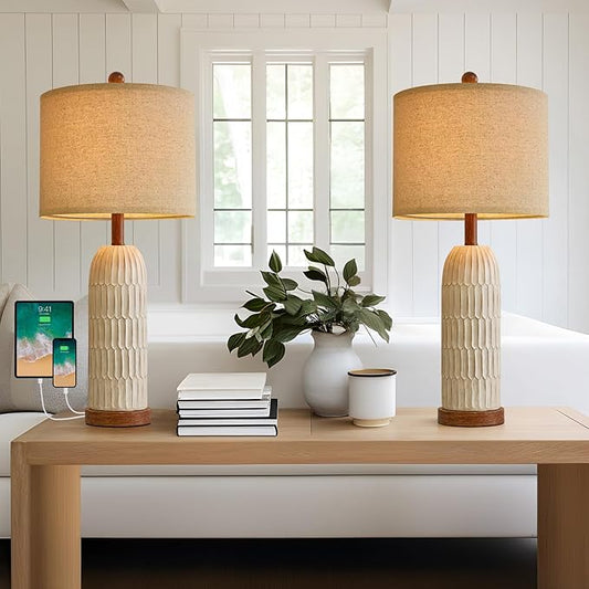 OYEARS 26.5" Table Lamps Set of 2 with USB A+C Charging Ports for Bedroom Living Room Farmhouse Bedside End Lamps Rustic Nightstand Lamps, Brown