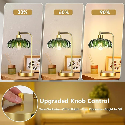 Glass Table Lamp Set of 2,Small Gold Bedside Lamps Dimmable Boho Bedroom Lamp with Tulip Flower Green Lamp Shade,Vintage Mid Century Modern Mini Nightstand Lamp for Bedroom Living Room