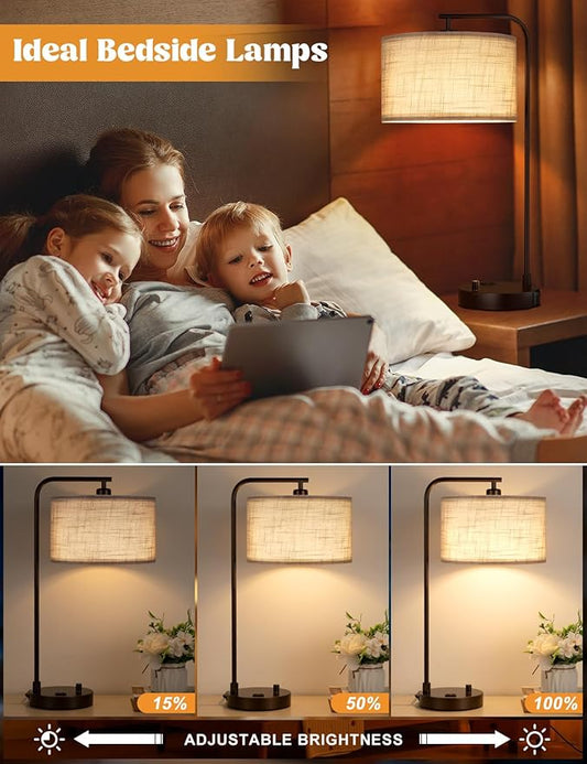 Innqoo Gray Tall Table Lamp with USB Port and Outlet, Dimmable Nightstand Bedside Lamps with Linen Lampshade, Desk Lamp for Bedroom, Living Room, Guest Room, Home Office, LED Bulb Included