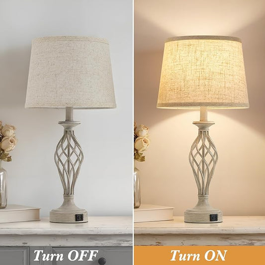 Table Lamp for Bedroom Set of 2 - Light Grey Bedside Lamps with USB C+A Ports,Rustic Distressed Farmhouse Bedroom Lamp - Lamp for Living Room Reading Bed Side End Table Bulbs Included