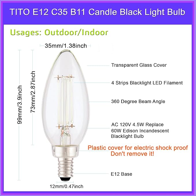 TITO 6 Pack E12 B11 Dimmable Filament LED Candle Black Light Bulbs, UVA 395nm 4.5W Candelabra Black Light Bulb, 60W Blacklight Bulb Equivalent, Glow in Dark Halloween Christmas Party Fluorescent Decor