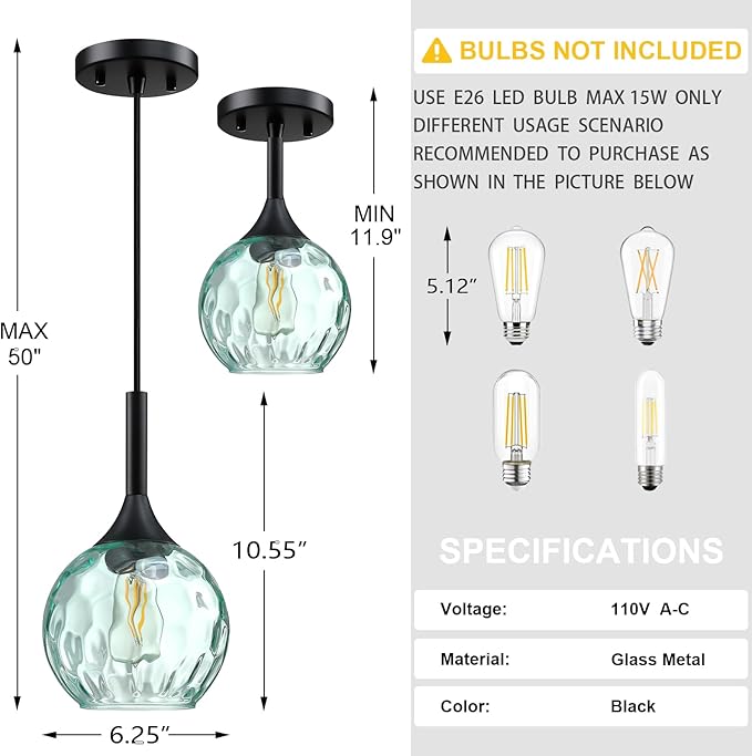 6.3" Hammer Green Glass Pendant Light 3 Pack Pendant Ceiling Light Fixture Black Finish Modern Farmhouse Dinning Over Sink Adjustable Height Cord