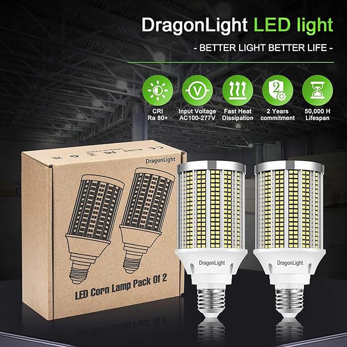 DragonLight 50W Super Bright LED Corn Light Bulbs (400 Watt Equivalent) - E26 Base LED Lamp 6000K Daylight 6,000 Lumens for Large Area Lighting, Pack of 2