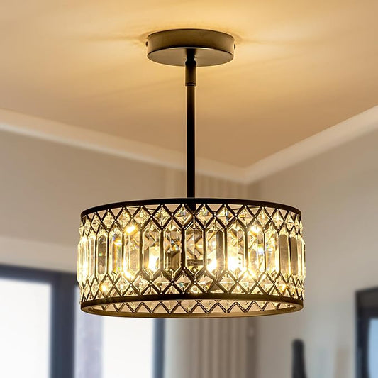 3-Light Crystal Ceiling Light, Modern Semi Flush Mount Light Fixture, Black Crystal Chandelier for Kitchen Bedroom Bathroom Entryway Hallway