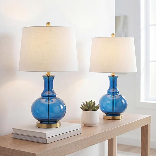 JONATHAN Y JYL1068C-SET2 Set of 2 Table Lamps Lavelle 25" Glass LED Table Lamp Contemporary Transitional Bedside Desk Nightstand Lamp for Bedroom Living Room Office College Bookcase, Cobalt Blue