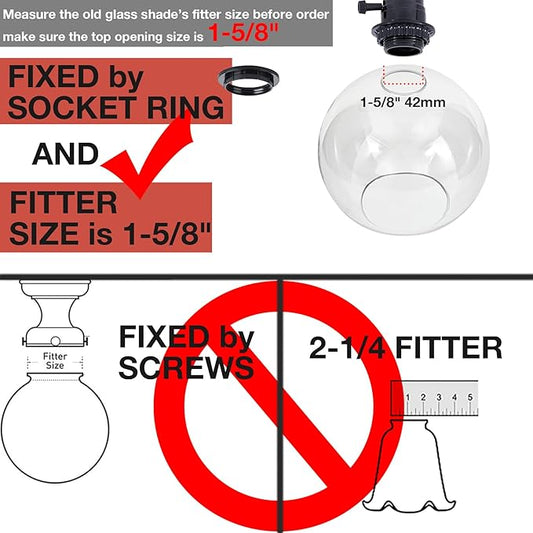 Glass Lamp Shade Replacement Globe for Light Fixture, 1-5/8 inch Fitter, 7.1" Diameter, 6.3" Height, Clear Glass Cover