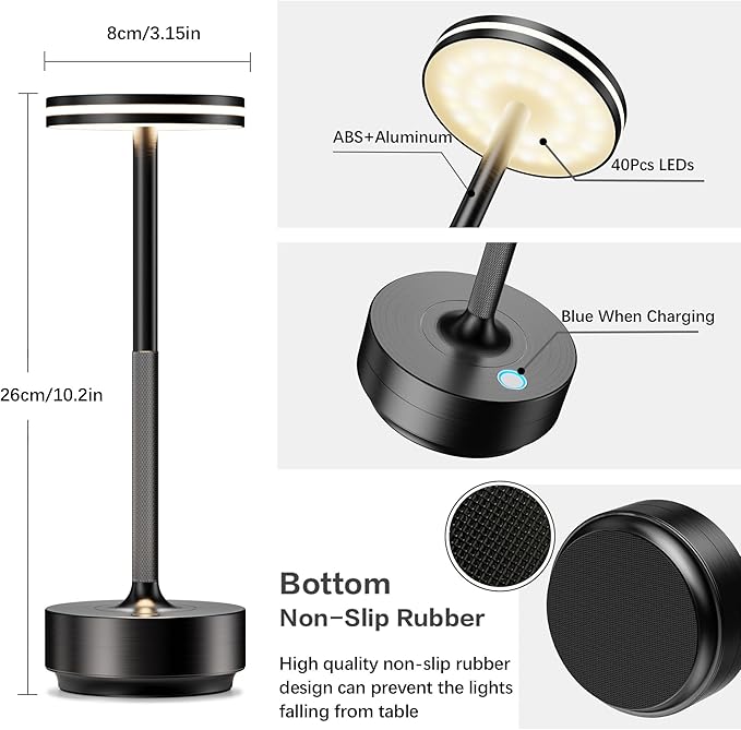 Hapfish Rechargeable Cordless Table Lamps, 5000mAh Battery Operated Lamp, 3 Color Modes, Dimmable, LED Table Lamps for Living Room,Outdoor, Dinner,Patio,Restaurant â Black