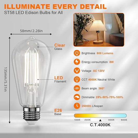 Kawaya E26 LED Edison Bulbs: 8W Equivalent 80W Dimmable LED Bulbs - Vintage ST58 4000k Neutral White - 800 Lumens High Brightness Filament Bulbs with 90+ CRI - Clear Glass, 12 Pack