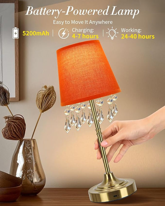 Cordless Table Lamp, 5200mAh LED Rechargeable Small Touch Lamp, 3 Colors Dimmable Battery Operated Lamp with Hanging Crystal Beads for Bedroom Restaurant Bar Home Decor, Gold