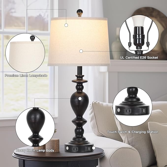 28" Tall Farmhouse Bedside Lamp Set of 2,Black Vintage Bedside Lamps with USB C+A Ports & AC Outlet,3-Way Dimmable Touch Lamp for Night Stands Living Room Bedroom,Black-2