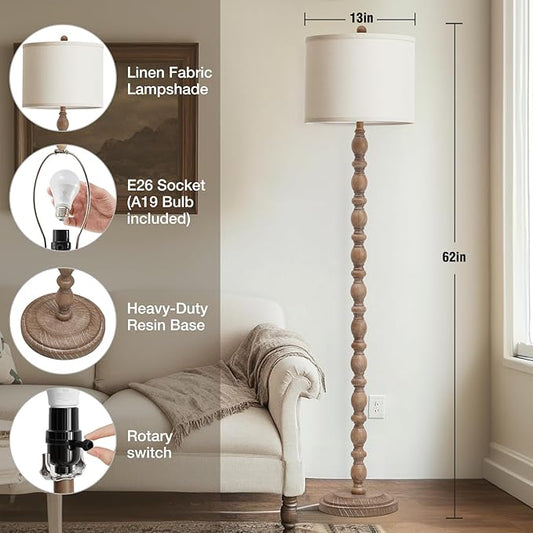 Luvkczc 62" Farmhouse Floor Lamp for Living Room & Bedroom - Adjustable Color Temperature Standing Lamp, Vintage Rustic Tall Floor Lamps with Rotary Switch, Resin Corner Lamps for Office (Dark Brown)