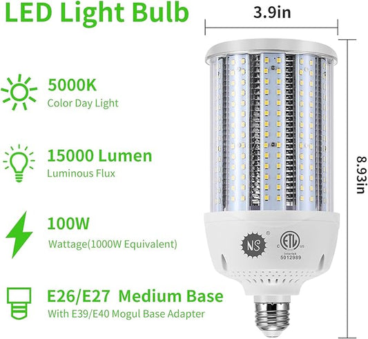 NS 1000W Equivalent LED Corn Light Bulbs,100W Led Corn Bulb 15000 Lumens 5000K Daylight White,E26/E39 Base LED Bulbs,Large Area Lights for Indoor Outdoor Warehouse Garage Backyard High Bay Lighting
