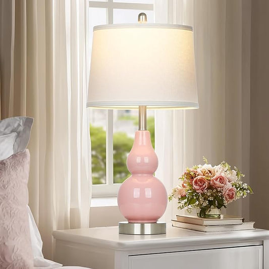 Pink Ceramic Lamps Set of 2, 25" Modern Double Gourd Ceramic Table Lamps for Living Room, Cute Bedside Nightstand Lamps with Fabric Shade for Bedroom End Table Home Office Girls Room(2 Bulbs Included)