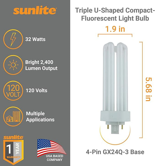 Sunlite CFL Plug-in PLT 4-Pin Triple Tube Light, 32 Watts, 4-Pin GX24q3 Base, 2400 Lumens, 5000K Daylight, 10 Pack