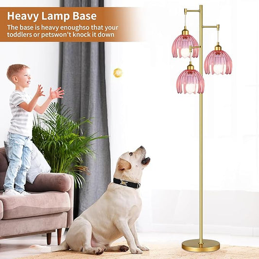 Gold Floor Lamp for Living Room Bedroom,3 Lights Vintage Tree Floor Lamps with Pink Glass Flower Shade,Mid Century Modern Floor Lamp for Corner Office,68IN Unique Tall Standing Lamp with Bulb