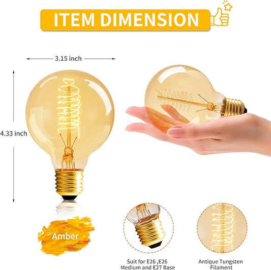 G25 Globe Edison Bulbs, 6-Pack 60w Vintage Edison Light Bulb, Spiral Filament Edison Bulbs, E26 Base - Amber Glass Warm Light - 120V 2700K Dimmable - G80 Decorative Lightbulbs