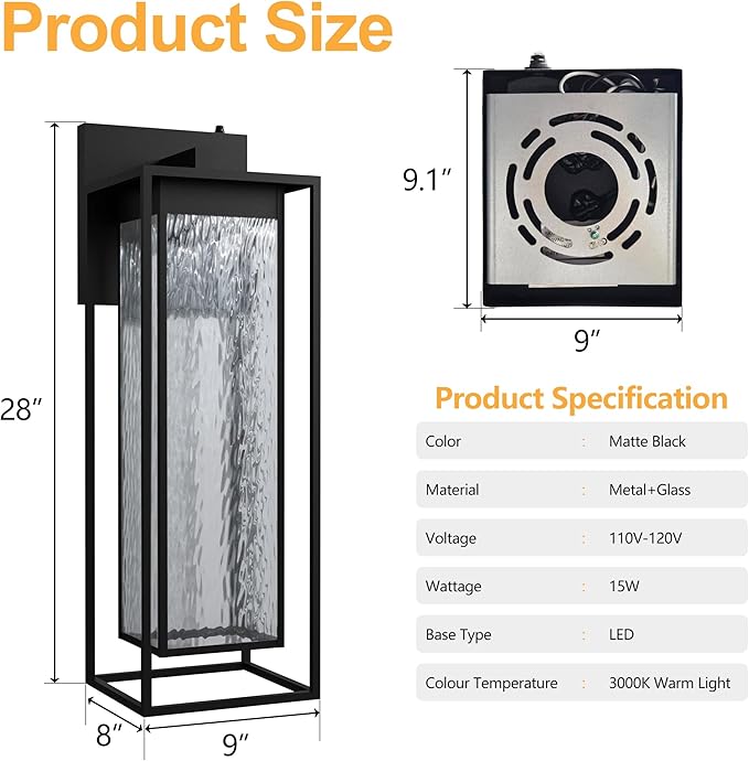 28INCH Giant LED Porch Lights Outdoor, Black Dusk to Dawn Outdoor Lighting, Waterproof Exterior Wall Mount Lantern Sconce, Outside Wall Light for House Doorway Front Door