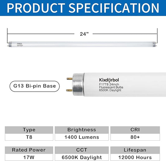 8 Pack 24 Inch F17T8/CW Fluorescent Light Bulb, T8 17 Watt, 4100K Cool White, T8 2FT Fluorescent Replacement Tube, G13 Medium Bi-Pin Base