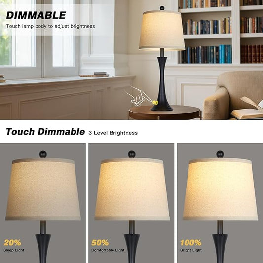 27.5" Table Lamps Set of 2, Touch Bedside Lamps with USB C+A Ports, 3 Way Dimmable Nightstand Lamps for Bedroom, Living Room, Office, Black Lamp with Beige Lampshade, Bulbs Included