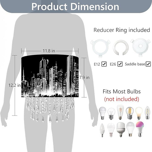 City Skyline Lamp Shade with Acrylic Bead Droplets, Black & White Drum Fabric Light Shade for Ceiling Pendant Table & Floor Lamps, Modern Home Decor, 11.8in