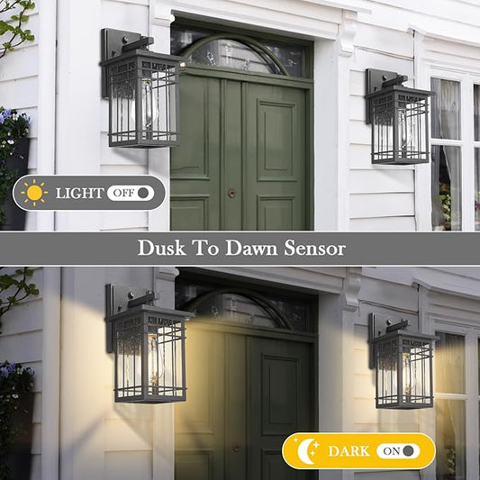 Dusk to Dawn Exterior Wall Lights, Outdoor Wall Lanterns Sensor Light Fixtures Wall Mount Waterproof Wall Sconce Anti-Rust Porch Light with Seeded Glass for Corridor, Garage, 2 Pack