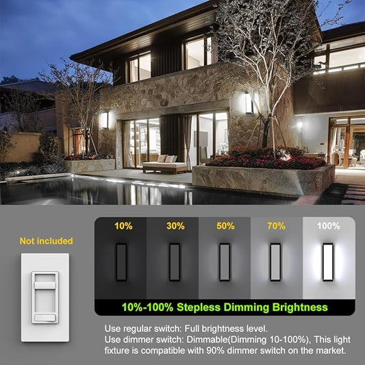 Sytmhoe 10%-100% Dimming LED Modern Outdoor Wall Light, 16in 6000K Dimmable Porch & Patio Wall Light Fixture,Black Aluminum&Dual PC Wall Lights Suitable for Garage Living Room Courtyard House(6000K)