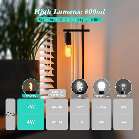 AMDTU E26 Edison Bulbs 60 Watts Equivalent, 600 Lumens LED Bulbs 7W, Ultra Filament Spiral E26 Base Edison LED Bulbs Dimmable, Warm Yellow 2200K T45 Amber Glass Tubular Light Bulbs 2 Pack
