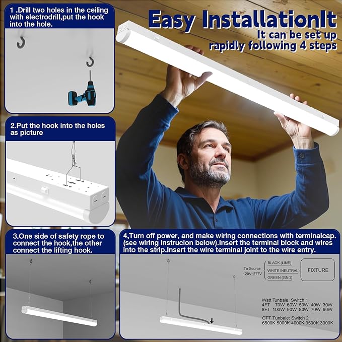 4FT LED Linear Strip Light, LED Shop Lights 40W/35W/30W Selectable,4 Color Selectable 3500K-6500K Adjustable,0-10V Dimmable Commercial Garage Office Ceiling Light Fixture, ETL DLC Listed (4 Pack)